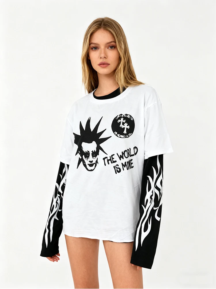 

Gothic Harajuku print round neck pullover fake two-piece long sleeved T-shirt autumn street trend punk hip-hop unisex Y2k top