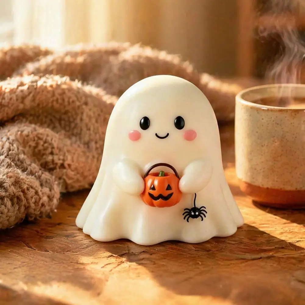 Resin Ghost Ornament Halloween Ghost Resin Figurine Witch Hat Statue Pumpkin Reading Ornament for Spooky Holiday Party