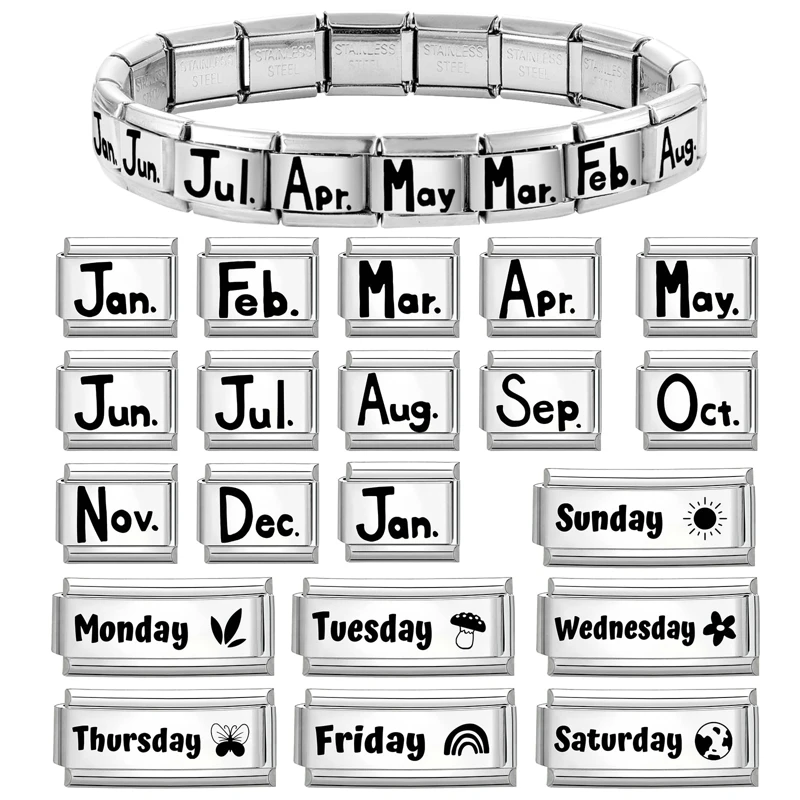 أزياء النقش بالليزر من يناير إلى ديسمبر من الاثنين إلى الأحد وصلات سحر إيطالية تناسب سوار من الفولاذ المقاوم للصدأ مقاس 9 مم يمكنك صنعها بنفسك #3