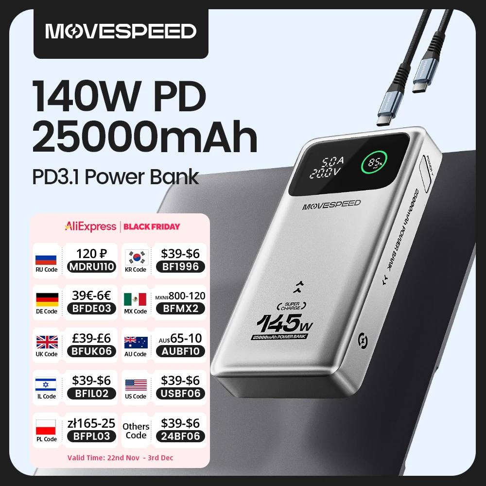 MOVESPEED M25Pro 140W Power Bank 25000mAh Type C Fast Charge Portable External Battery 100W PowerBank for iPhone MacBook Laptop