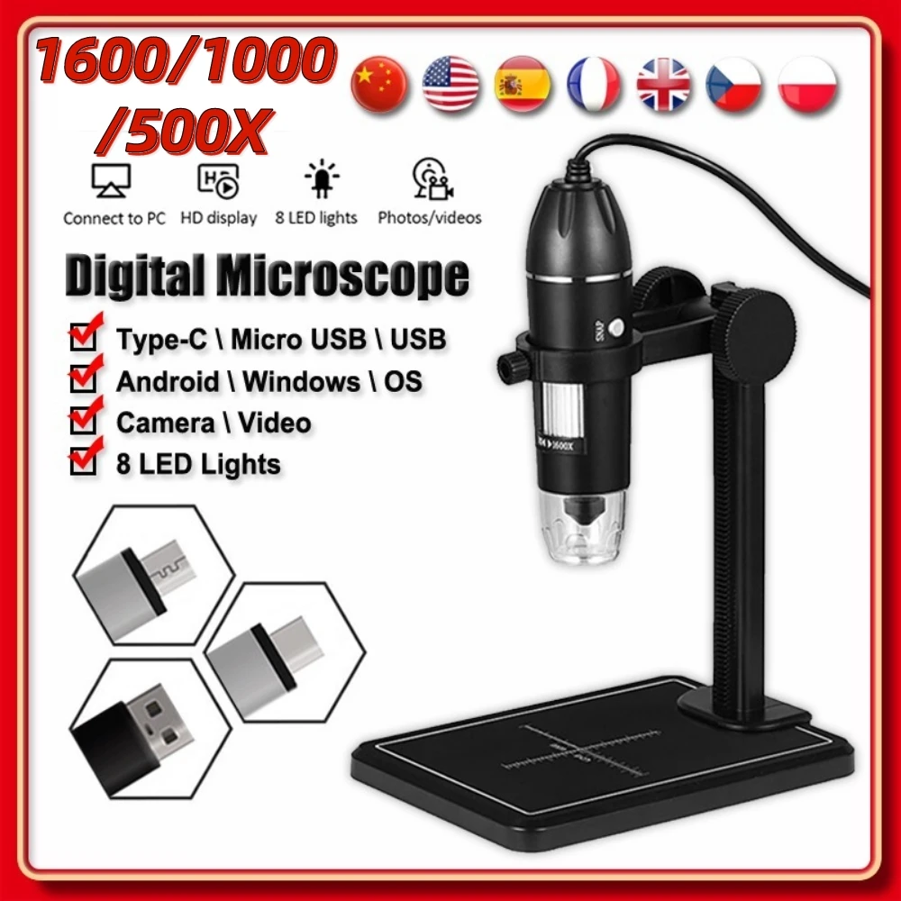 Microscopio digitale 1600/1000/500X per saldatura microscopio elettronico USB per riparazione di telefoni cellulari lente d\'ingrandimento a LED