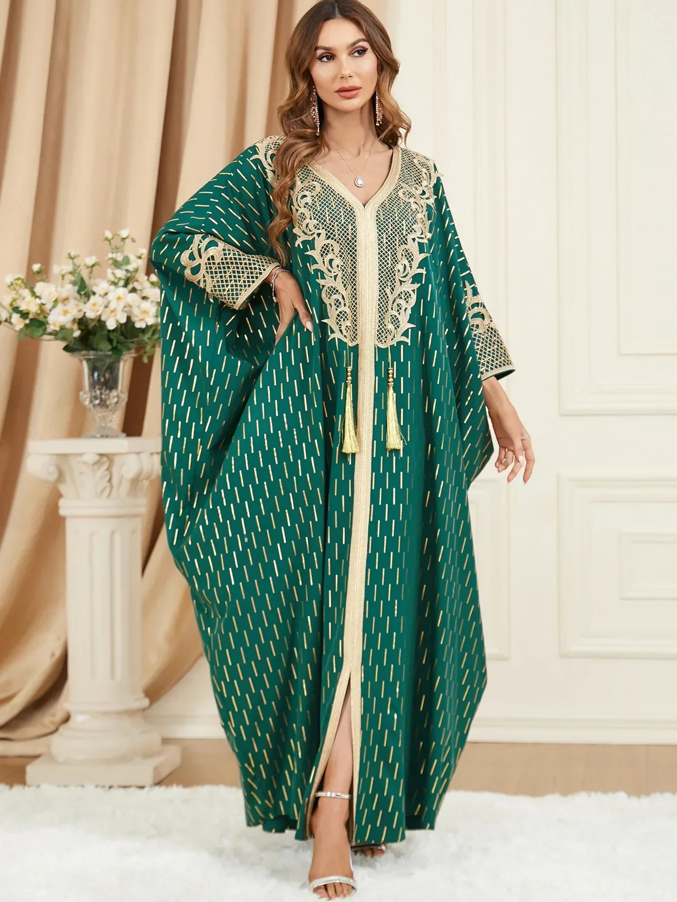 Tassels Split Muslim Dresses Batwing Sleeve Women Gorgeous Party Patchwork Long Dress Fashion Casual Lady Spring Summer