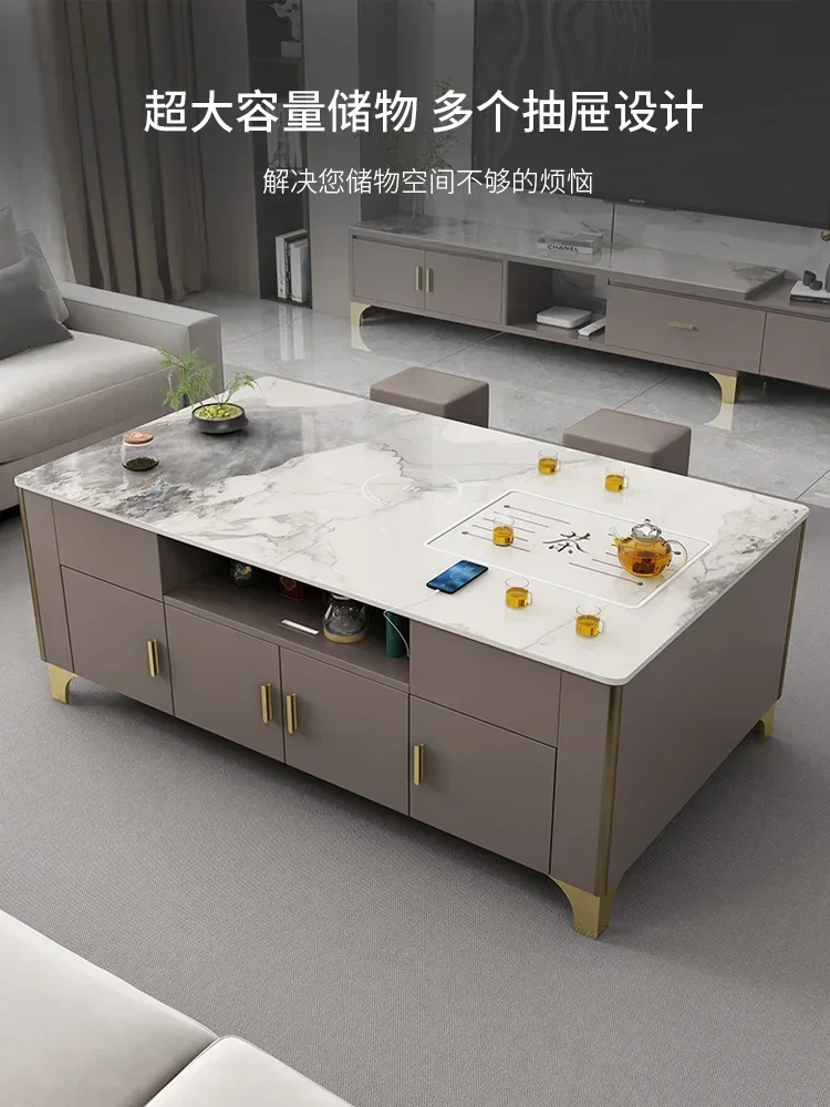 

Small Apartment Living Room Stone Plate Coffee Table TV Cabinet Combination French Cream Style
