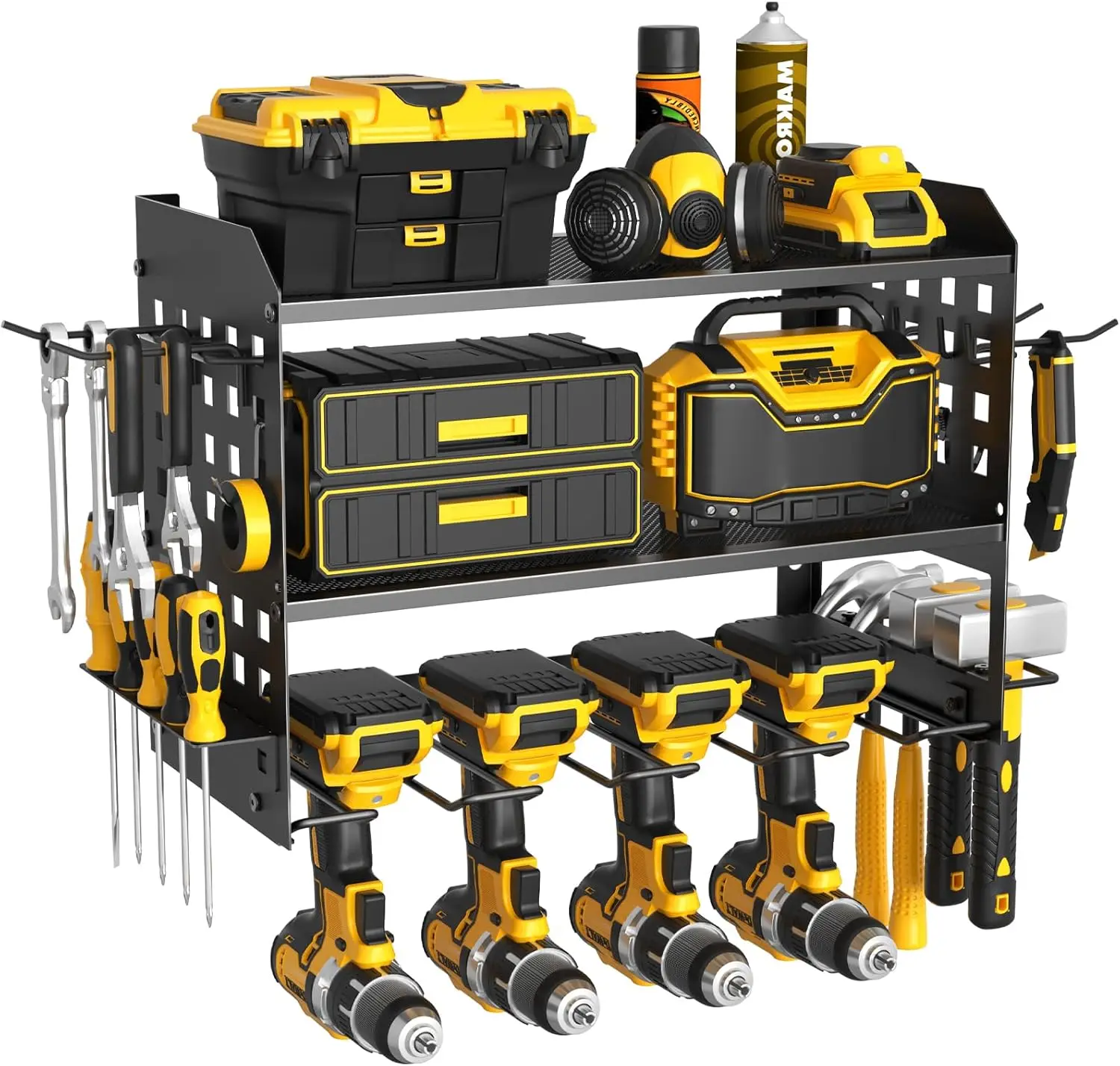 

Настенный органайзер для инструментов повышенной прочности с 3-мя ярусами, держателями для дрелей, перфорированными панелями и крючками для хранения в гараже или мастерской