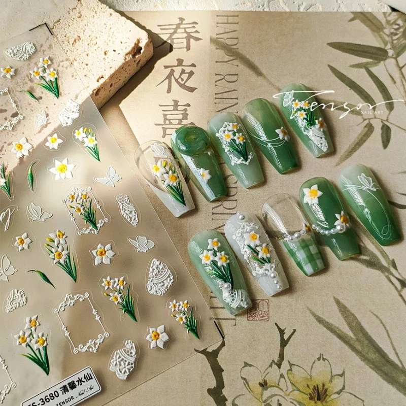 White Daffodils Butterfly 5D Soft Embossed Reliefs Self Adhesive Nail Art Stickers Lily Flowers Manicure Decals Wholesale