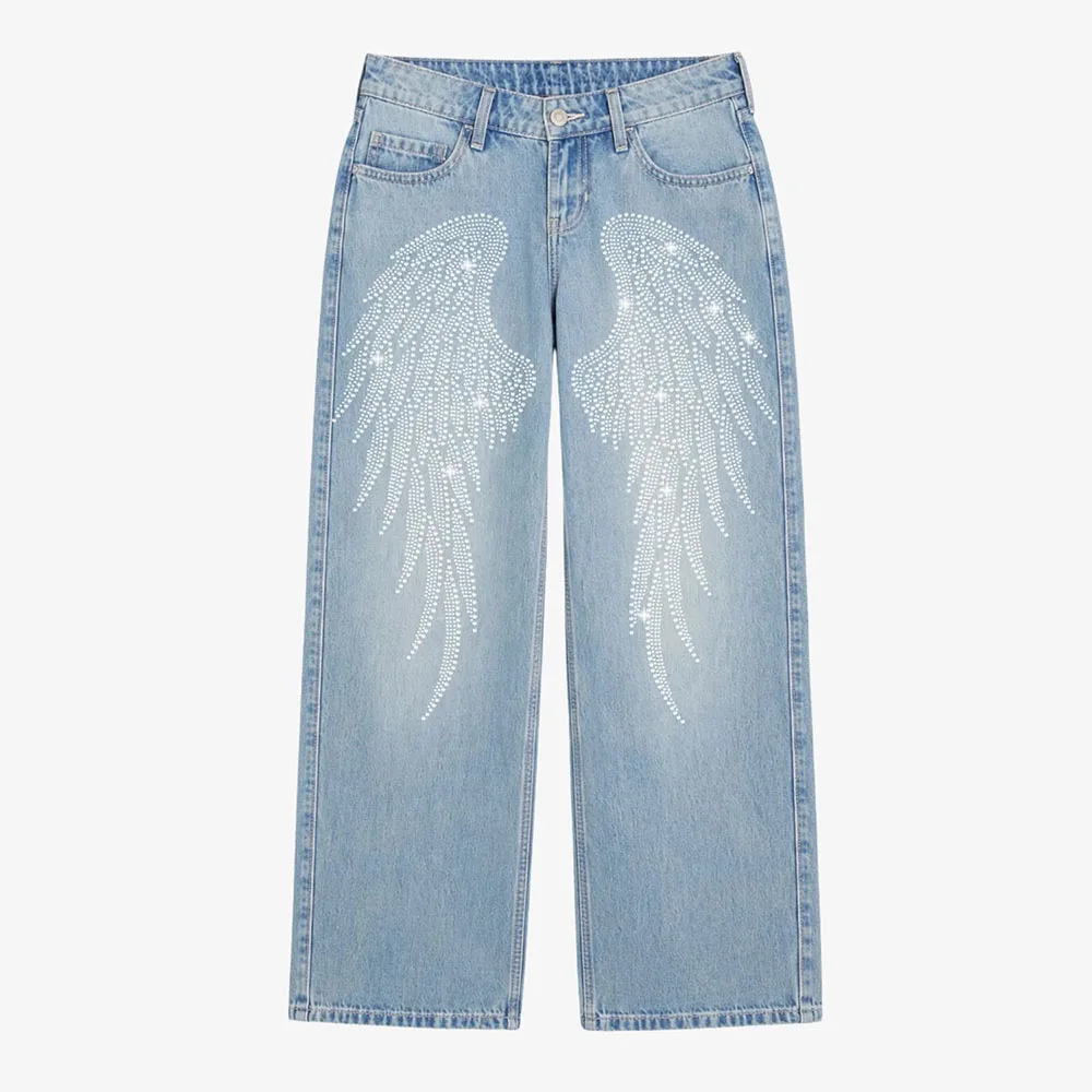 Wings Bright Diamond Design Jeans Woman' Straight-leg Pants Casual Style Denim Pants Trousers High Waist Solid Color Jeans