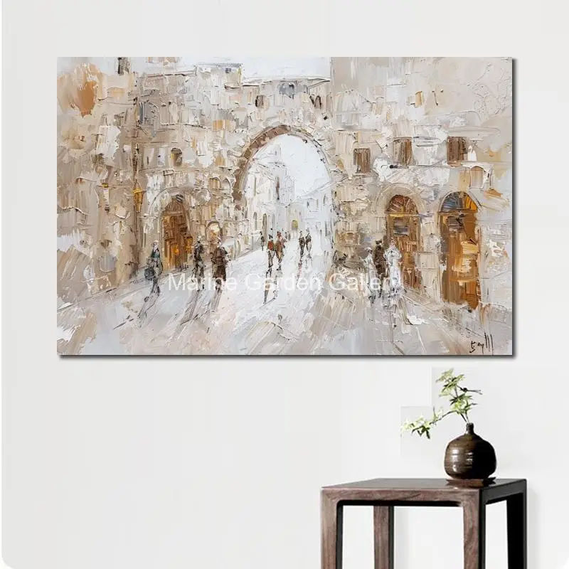 Textured Judaica Art Canvas Oil Painting Handmade Jerusalem Landscape Jewish Artwork Contemporary Dining Room Restaurant Decor