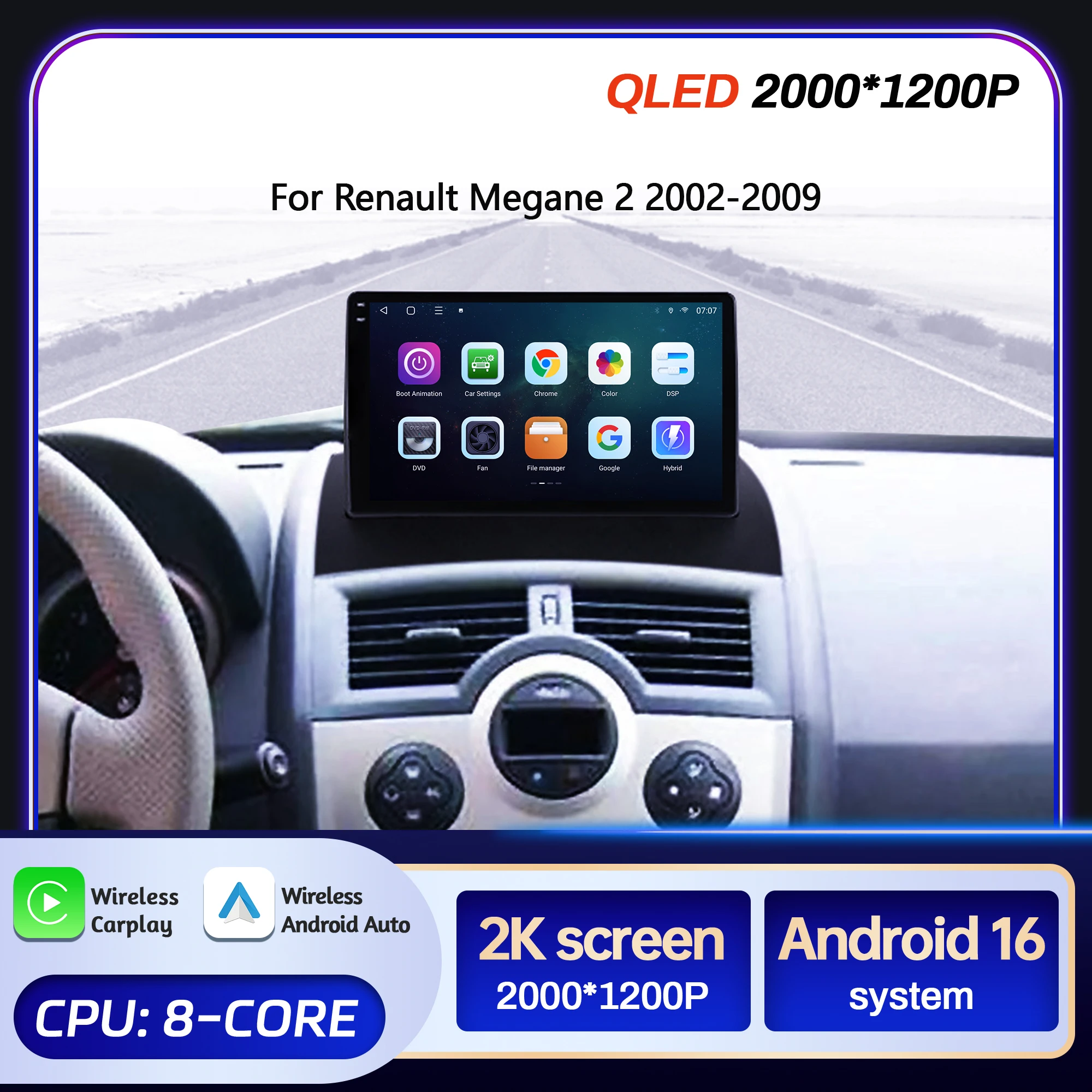 

9inch Car Radio For Renault Megane 2 2002-2009 BT Carplay Android 16 Multimedia Navigation Head Unit 2K QLED Screen