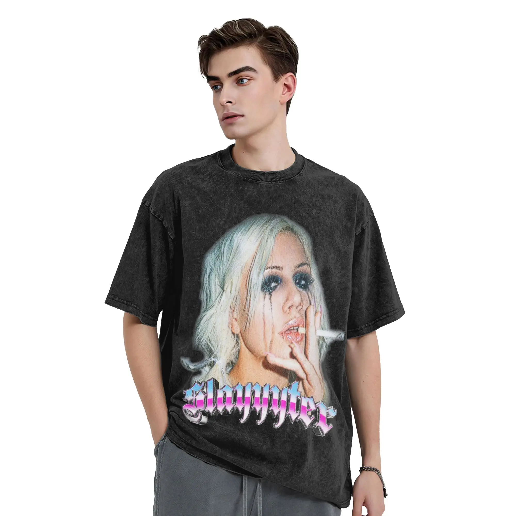 Men T Shirt Slayyyter Face Central Washed T-Shirts Harajuku  Summer Tees Streetwear Pattern Casual Clothes Birthday Present