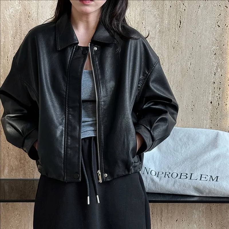 Autumn coat new casual long sleeve PU leather jacket women