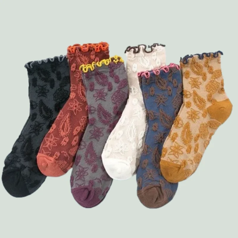 

3/6 Pairs Long Socks Women's Lace Middle Tube 2024 New Fashion Wooden Ear Edge Pile Cute Loose Mouth Retro Confinement Socks