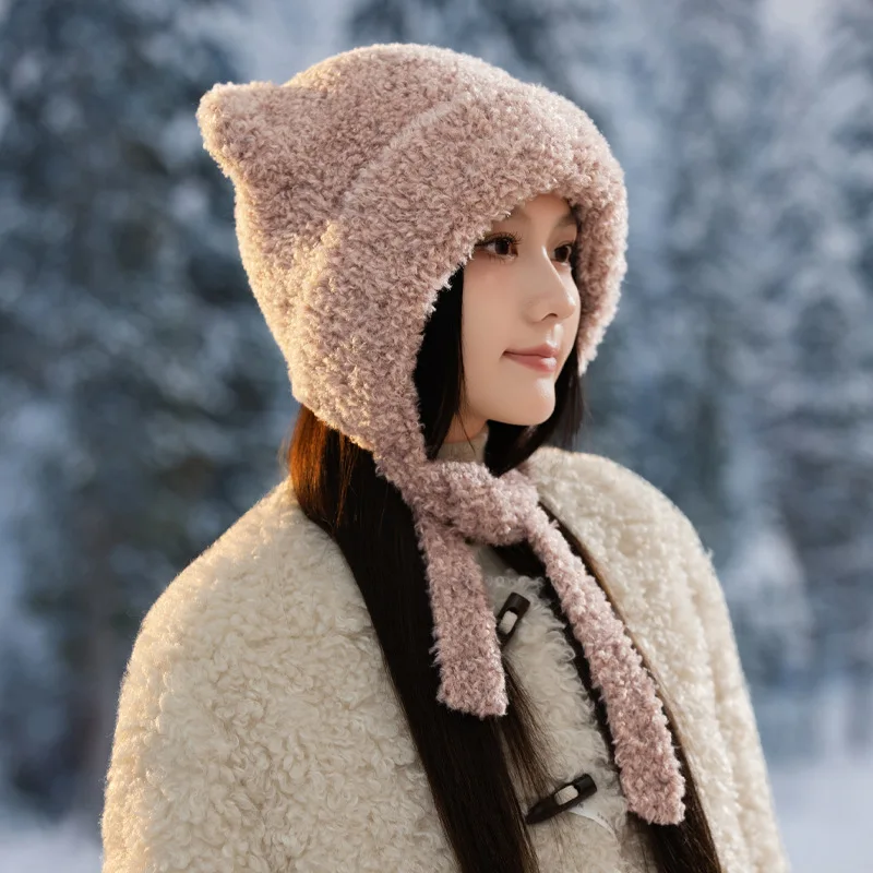 Women's Large Size Knit Hat with Bear Ears & Fleece Lining - Korean Style Cute Pull-on Cap for Autumn Winter, Outdoor Thermal