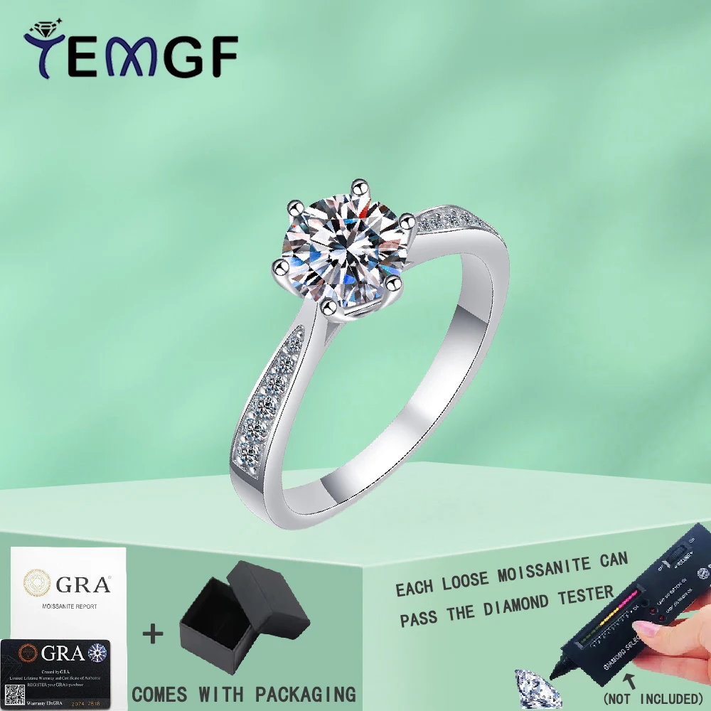 

TEMGF Moissanite/Zircon Sparkling Ring Classic 6 Prong S925 Sterling Silver Fine Jewelry for Women Wedding Anniversary Love Gift