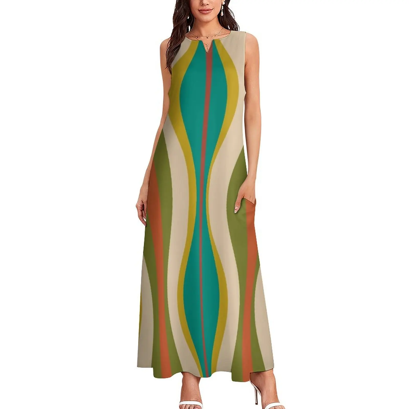 Hourglass Abstract Midcentury Modern Pattern in Turquoise Teal, Mustard, Orange, Olive, and Mid Mod Beige Long Dress