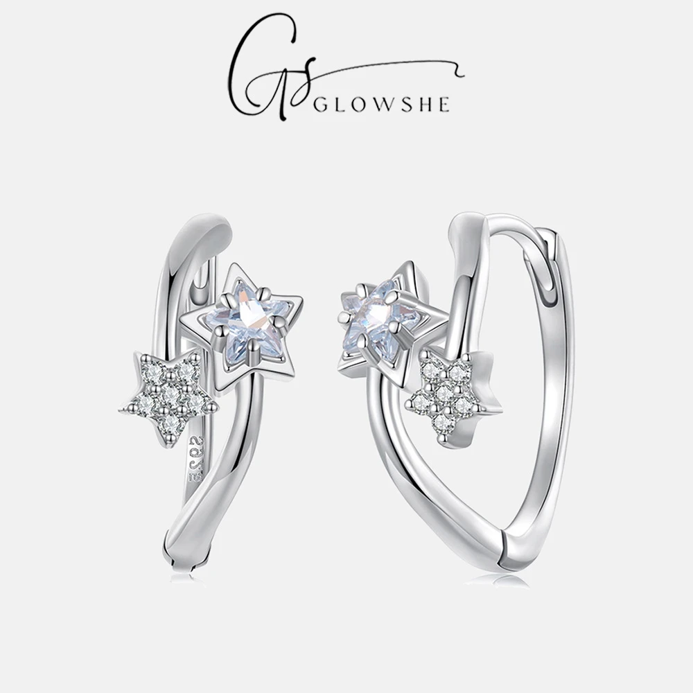 

Glowshe 100% 925 Sterling Silver Zircon Double Star Hoop Earrings High Quality Fine Jewelry Women's Elegant Delicate Earrings