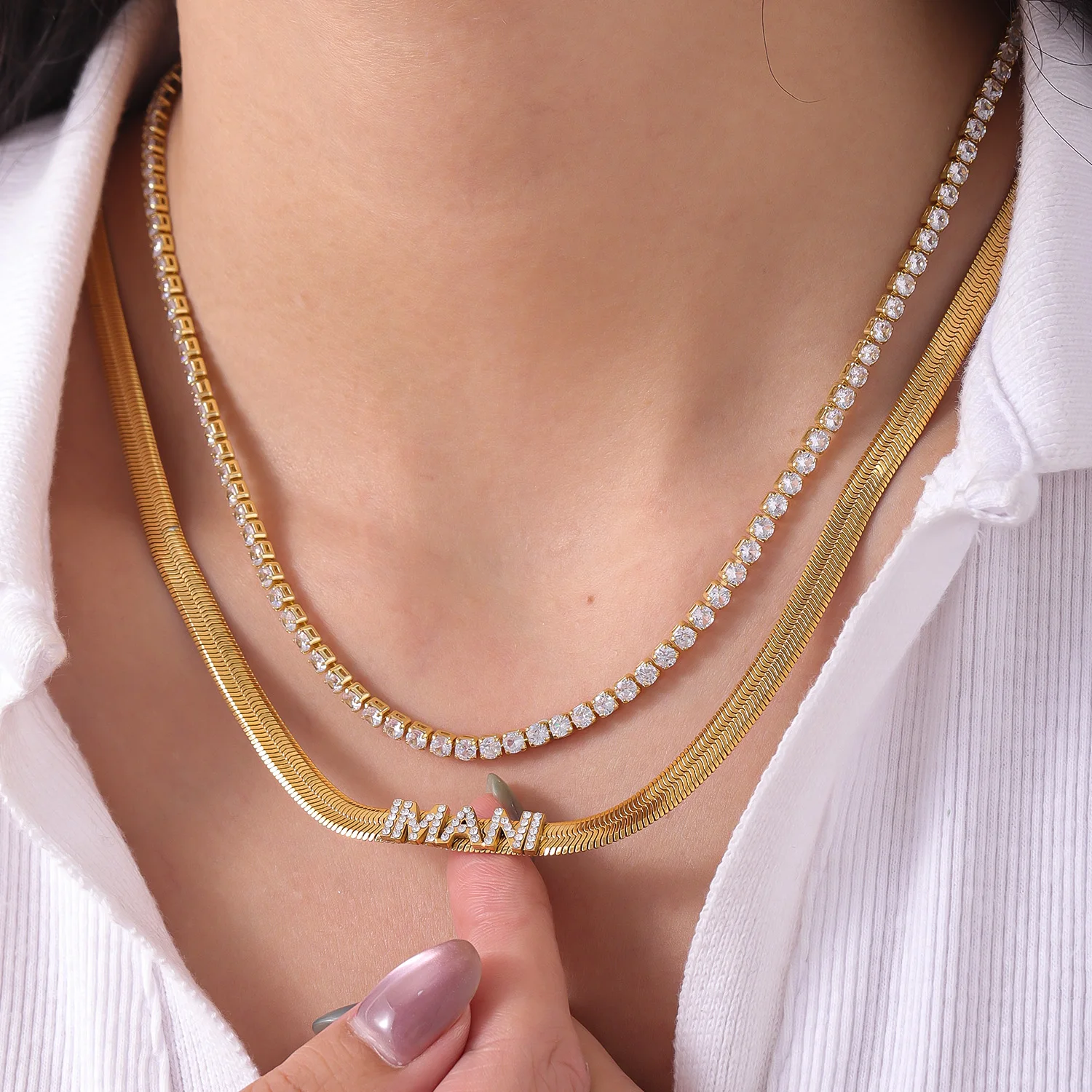 

Custom Diamond Letter Necklace Double Layer Stackable Moissanite Cut Snake Chain in Silver Gold for Women Girls Gift 2025 Trend