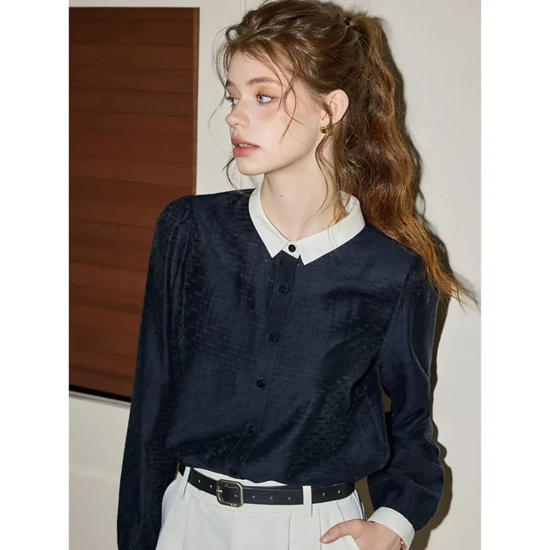 

Women's New Stitched POLO Collar Button Fashion Solid Color Versatile Casual Long Sleeve Shirts