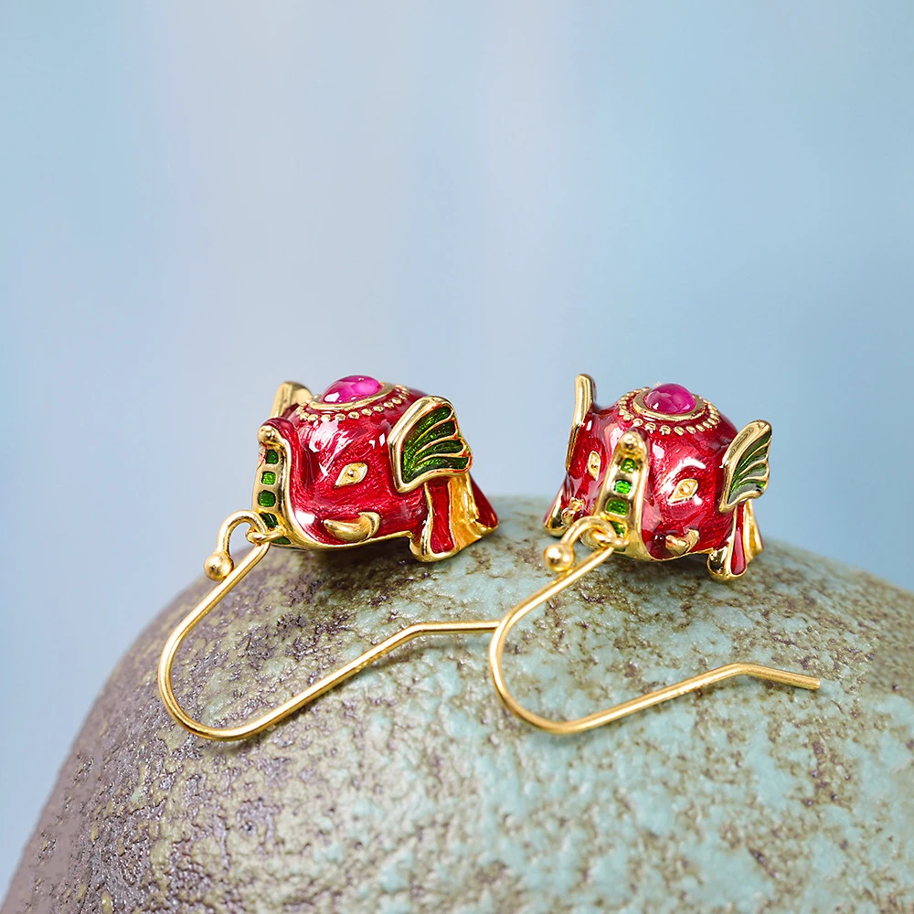 Classic ethnic style red enamel elephant earrings for women inlay pink carnelian exquisite earring Drop banquet jewelry gifts