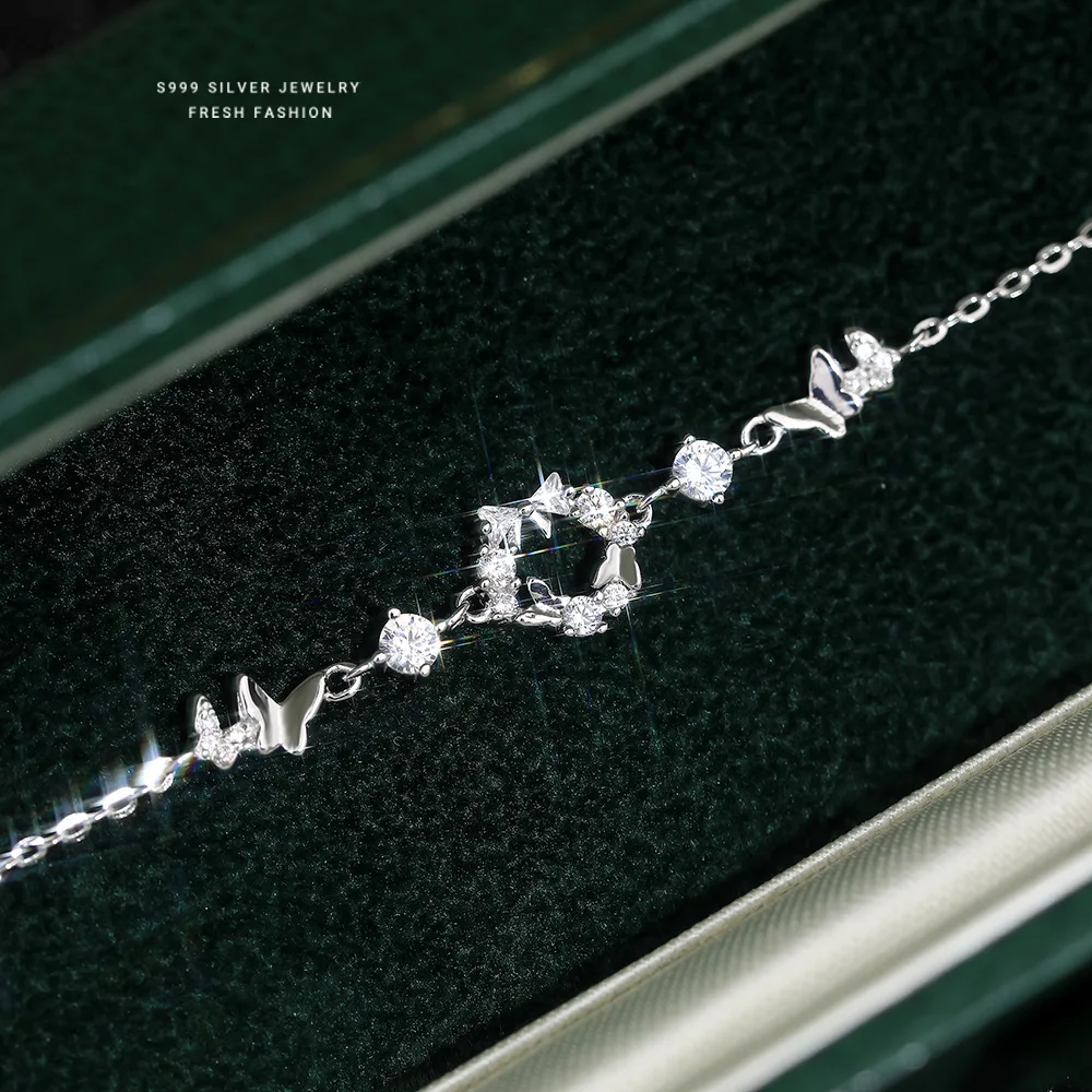 

S999 Pure Silver Luxury Cubic Zirconia Gift Garland Bracelet Bestie Butterfly Girlfriends Shiny Chain Fine Jewelry