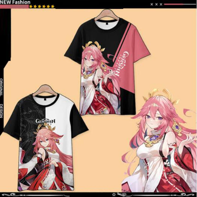 Camiseta con estampado 3D de Genshin Impact YAE MIKO para hombre y mujer, camisa divertida de manga corta a la moda de verano, camisetas gráficas de Cosplay