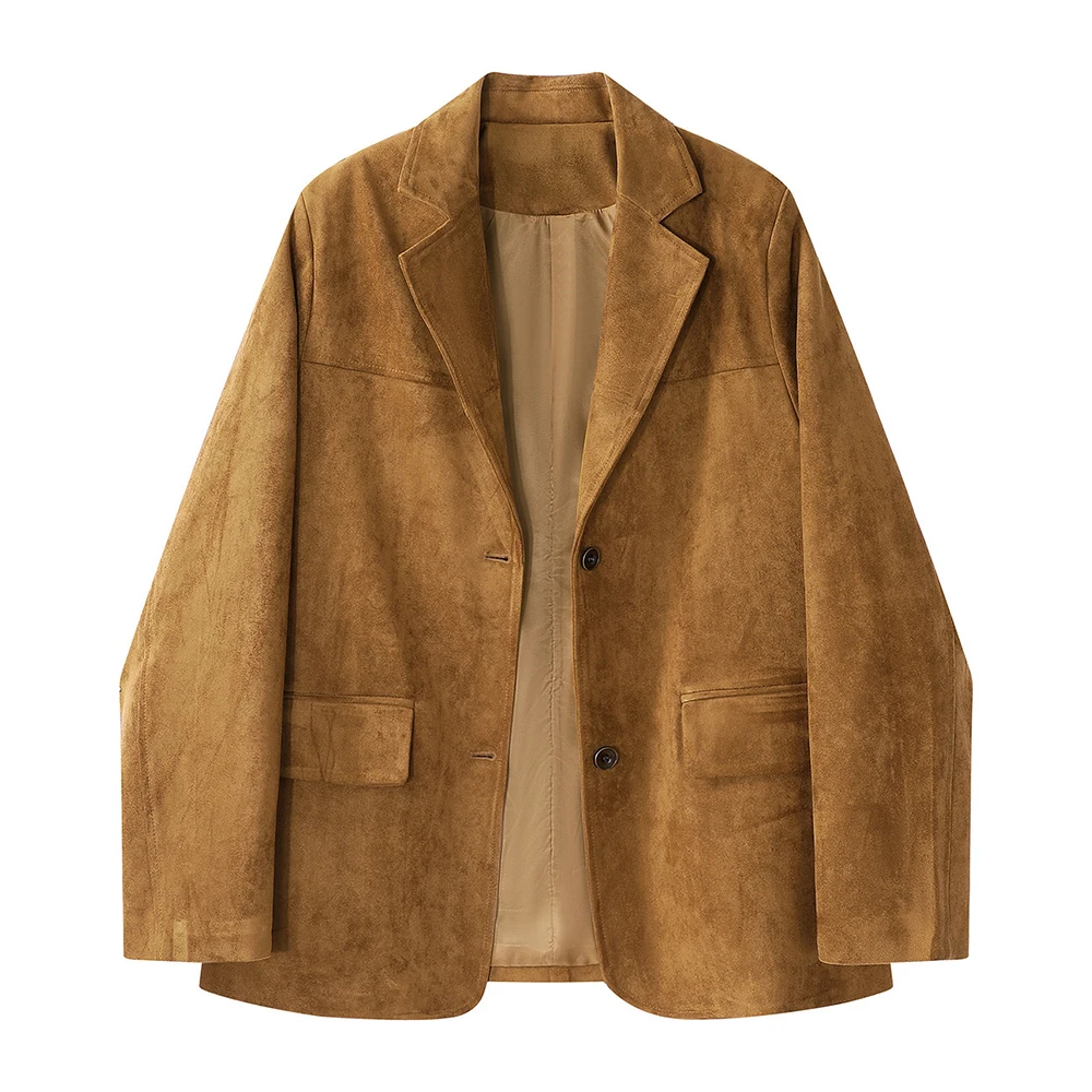 

Women's Brown Suede Blazer Jacket Loose Fit Notched Lapel Casual Office Wear 2025 New Fashion Workwear Outerwear