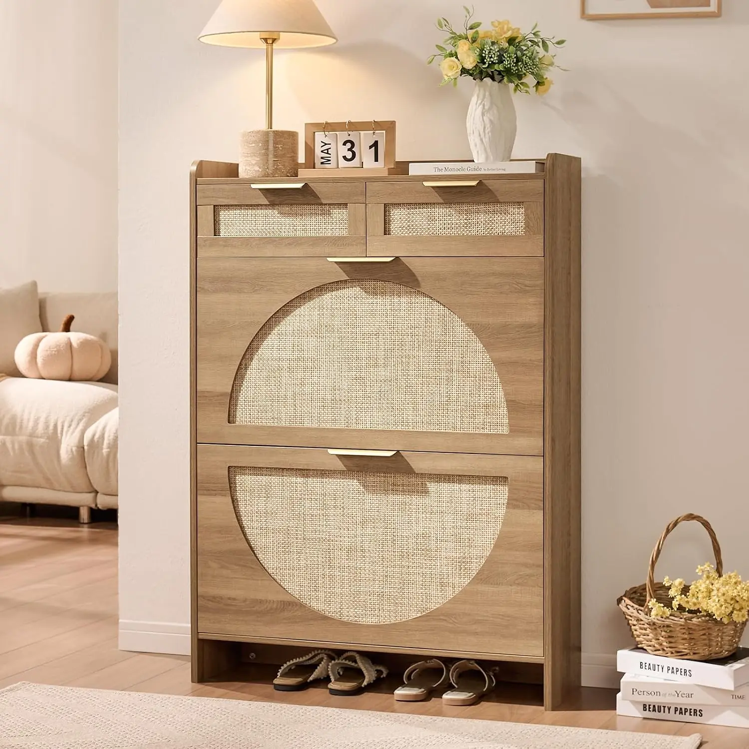 Rattan Shoe Cabinet 2 Flip Drawers & 2 Drawers Freestanding Narrow Organizer Entryway Hidden Storage Oak, Customized