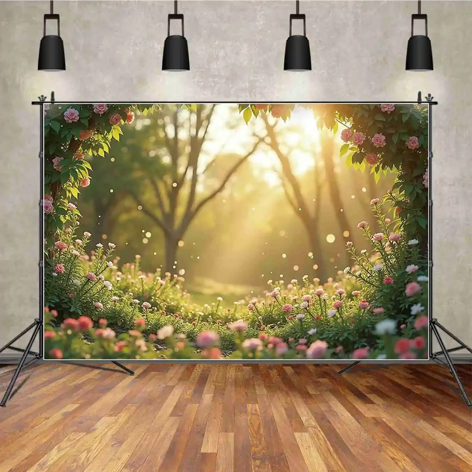 MOON.QG Fondo de fotografía de Pascua con hojas de hierba y flores de primavera, accesorios personalizados para estudio de fiesta de cumpleaños para niños