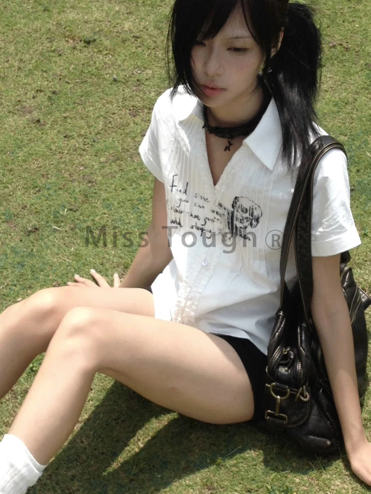 Karrram Y2k Aesthetics Pleated Shirt Grunge Gothic Skull Print White Shirts Trashy 2000s Style V-neck Blouses Japanese Harajuku
