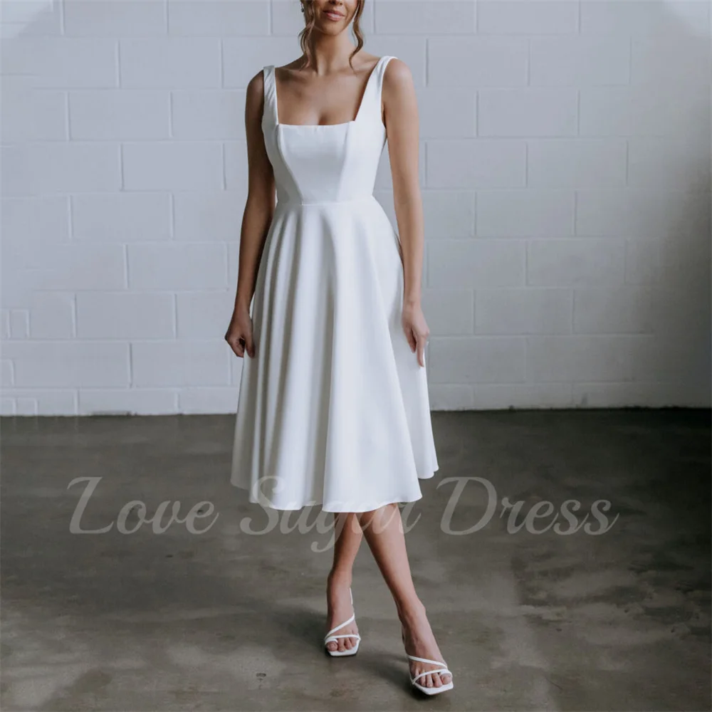 

Classic Square Neck Wedding Dress Back Button Satin Bridal Gowns For Wedding Short A Line Formal Bride Dresses vestido de noiva
