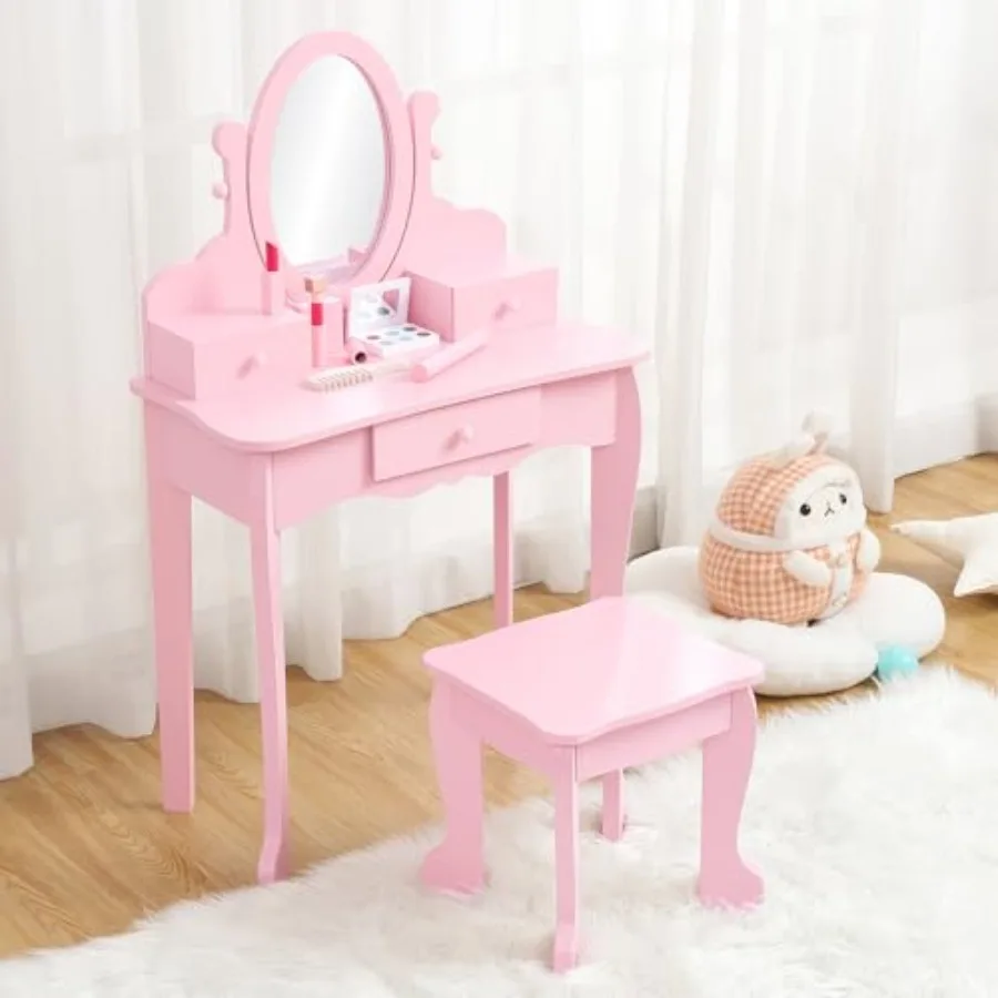 

Girls' Vanity Set with Mirror, Makeup Table and Stool for,Wood Dressup Playset for 4-9