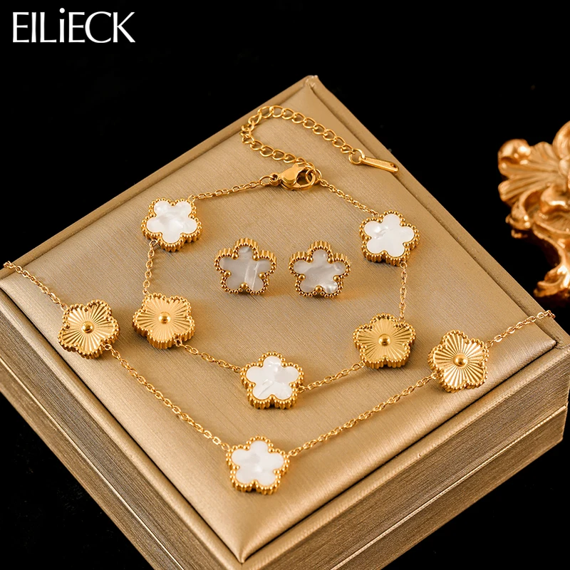 EILIECK 316L Stainless Steel White Plum Blossom Leaf Flower Necklace Bracelets Earrings Set For Women Reversible Clover Jewelry