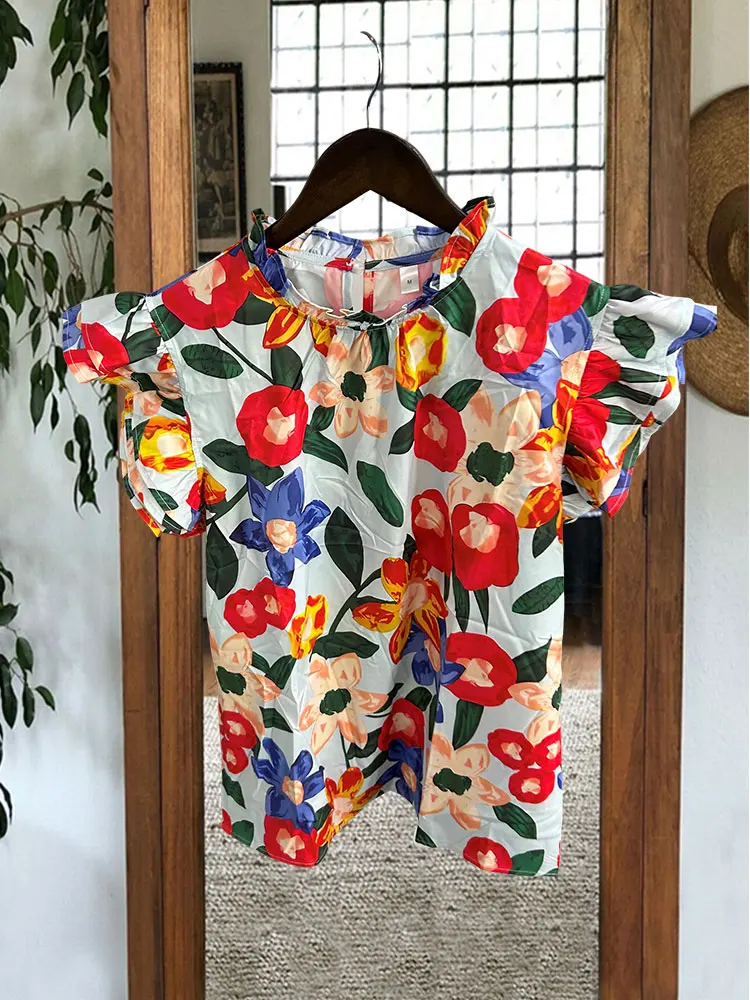 Multicolor Floral Ruffle Sleeve Top Tiered Ruffle Neckline Floral Blouse