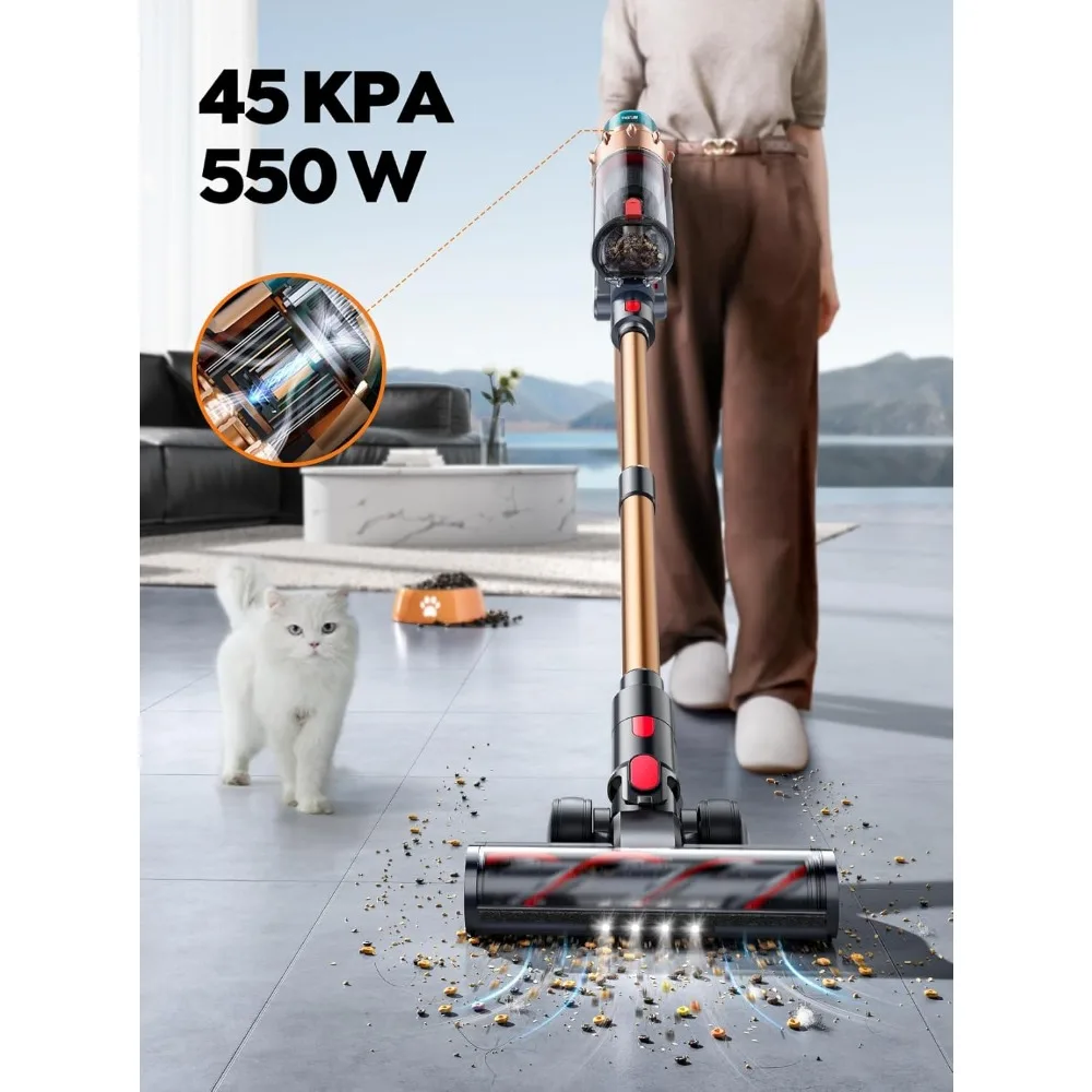 

Cordless Vacuum Cleaner, 550W 45KPA 60 Mins Runtime Self-Standing Vacuum Cleaners for Home, Stick Vacuum