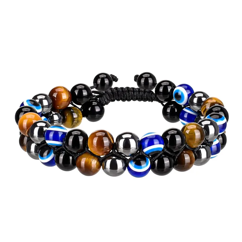 Triple Protection Bracelet for Men Women 8MM Black Obsidian Evil Eye Tigers Eye Hematite Natural Stone Healing Bead Bracelets Gi