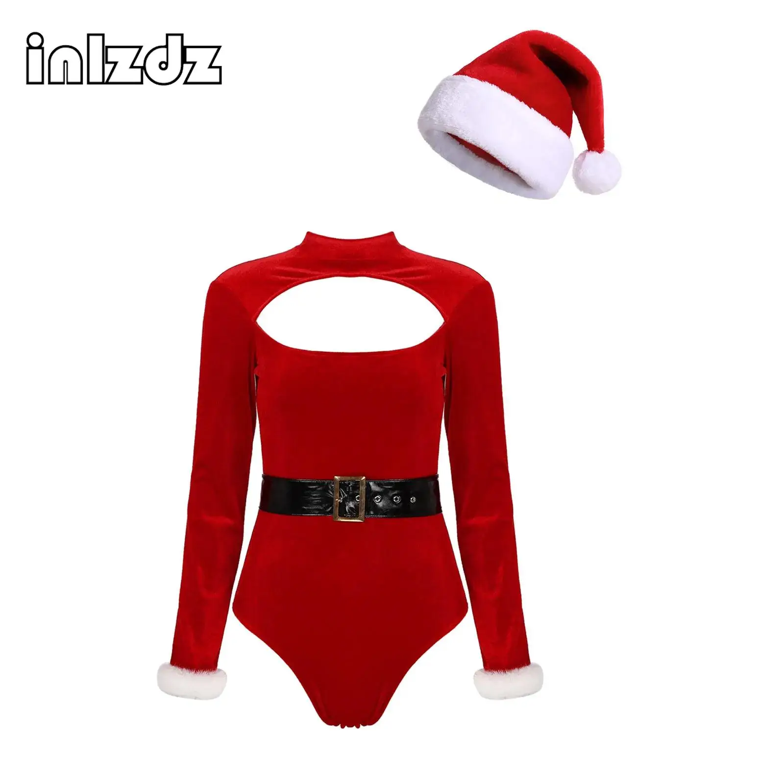 

Womens Christmas Costume Set Long Sleeve Fluffy Trim Bodysuit with Belt and Hat for Cosplay Role Play Theme Party