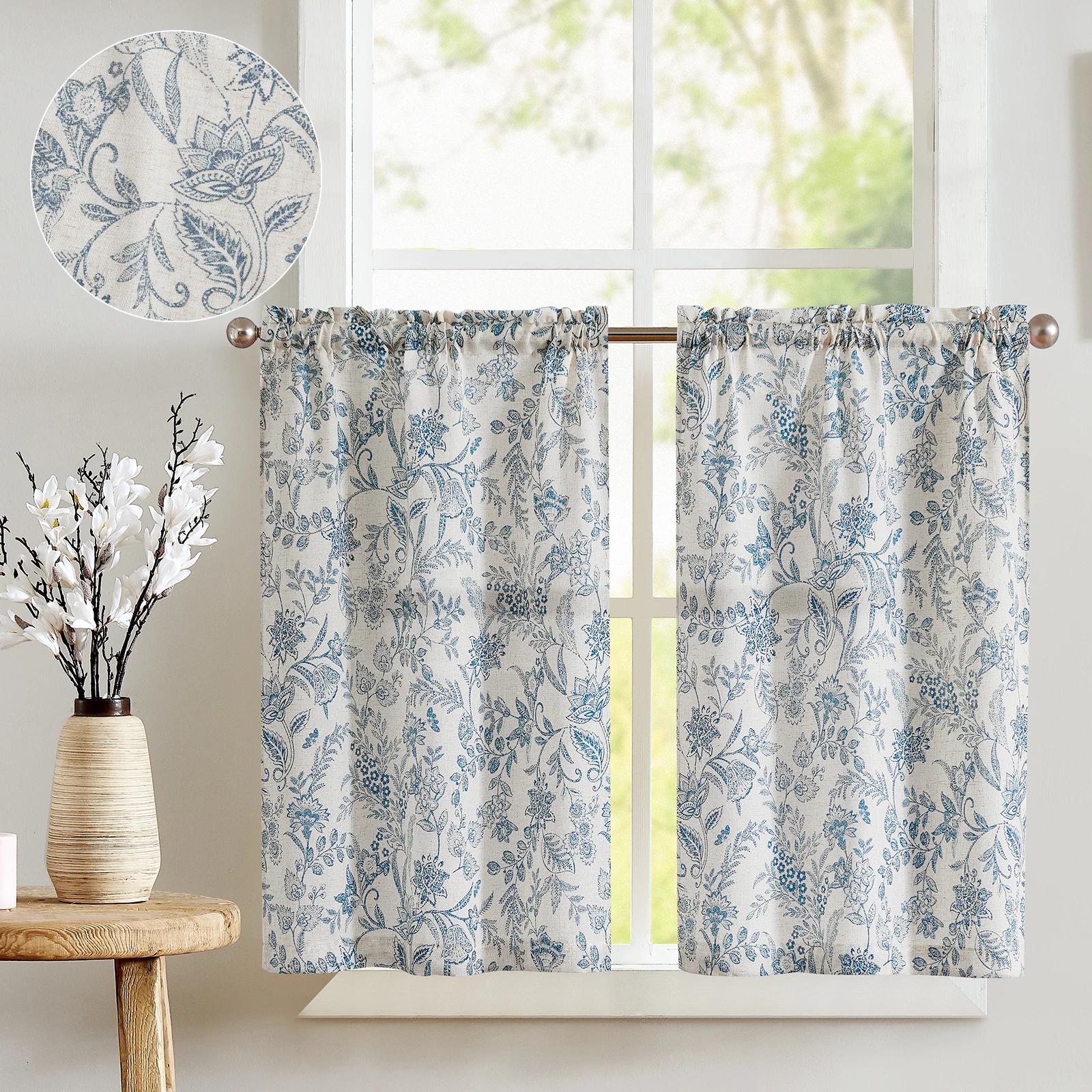 JINCHAN Floral Kitchen Curtains Linen Tier Curtains Farmhouse Cafe Curtains Country Botanic Small Window Curtains 2 Panels