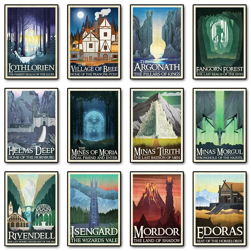 Abstrakte Ring-Kunst Retro Reiseplakat Leinwanddruck Vintage Film Mordor Schloss Herr der Magie Wandbilder Raumdekoration Bild