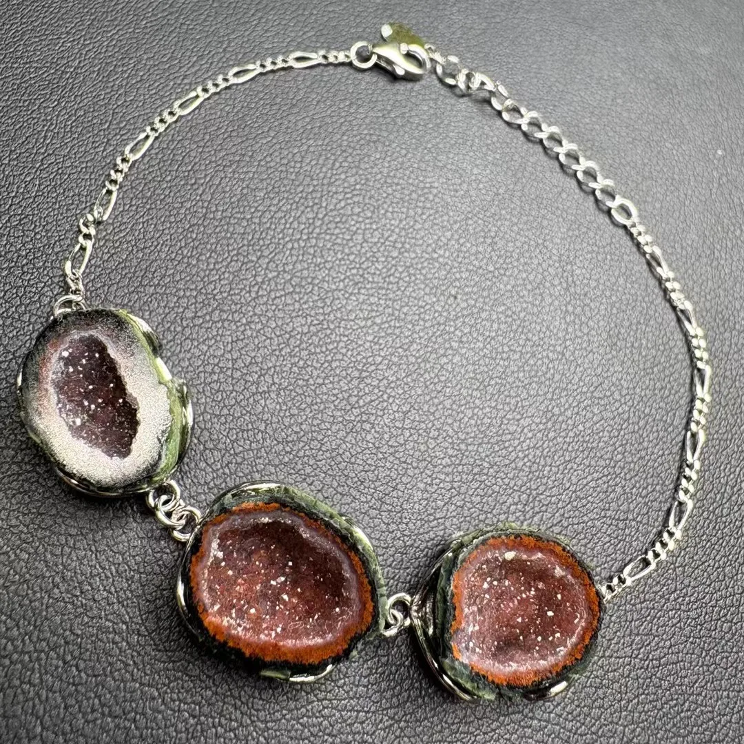 

1 шт. Fengbaowu натуральный Мексиканский жеодный браслет 3 жеода стерлингового серебра 925 пробы Рейки целебный камень ювелирные изделия подарок для мужчин и женщин