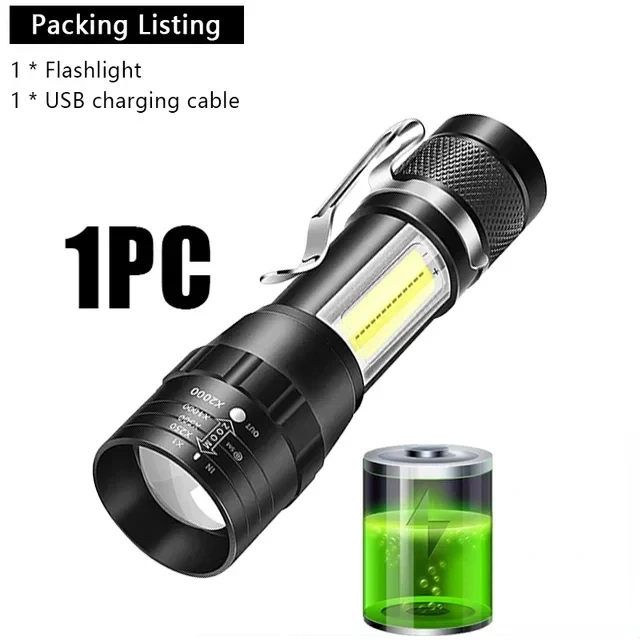 USB Oplaadbare Mini Zaklamp COB + XPE Draagbare Ingebouwde Batterij Zoombare Kleine Zaklamp 3-Modus Camping Noodzaklampen