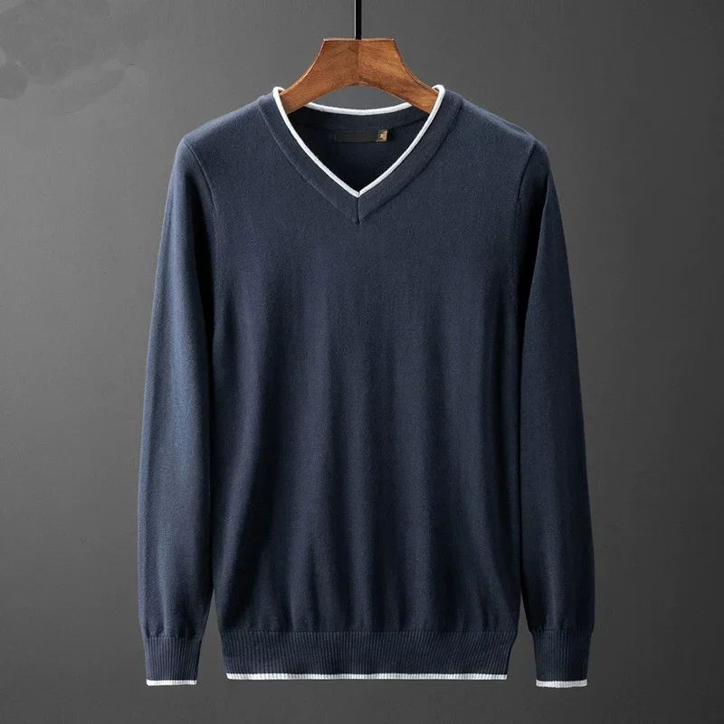 

Men Sweater Fashion V Neck Knitted Pullovers Slim Fit Spring Autumn Korean Mens Clothes Daily White Black Sweater Men Pullovers