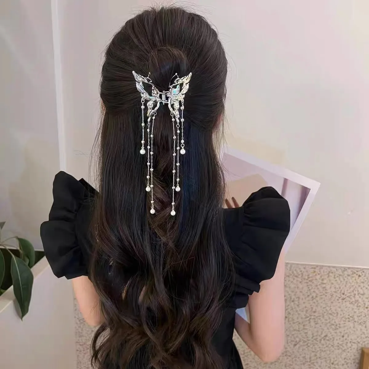 AWAYTR Electroplated Butterfly Hair Claw Clips Alloy Hairpins Girls Big Shark Clips Silver Color Hair Crab Hair Accessories