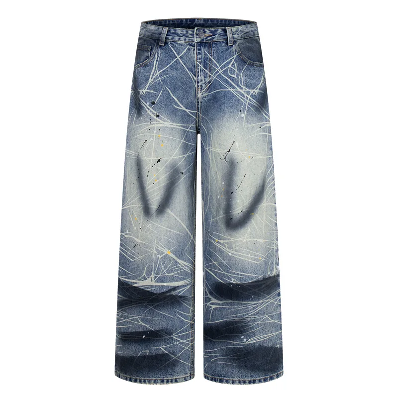 

Fashion Brand High Quality Spider Web Texture Spray Paint Distressed Washing Jeans Unisex Street Straight Denim Pants