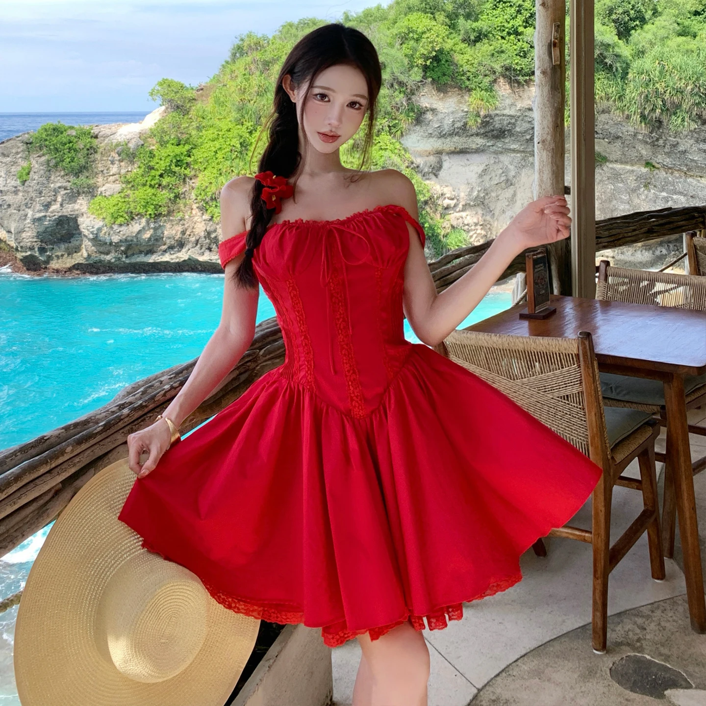 

Женское короткое платье Pure Desire Red Fibone без бретелек, с открытыми плечами, приталенное, с пышной юбкой, в тайском стиле, для отпуска