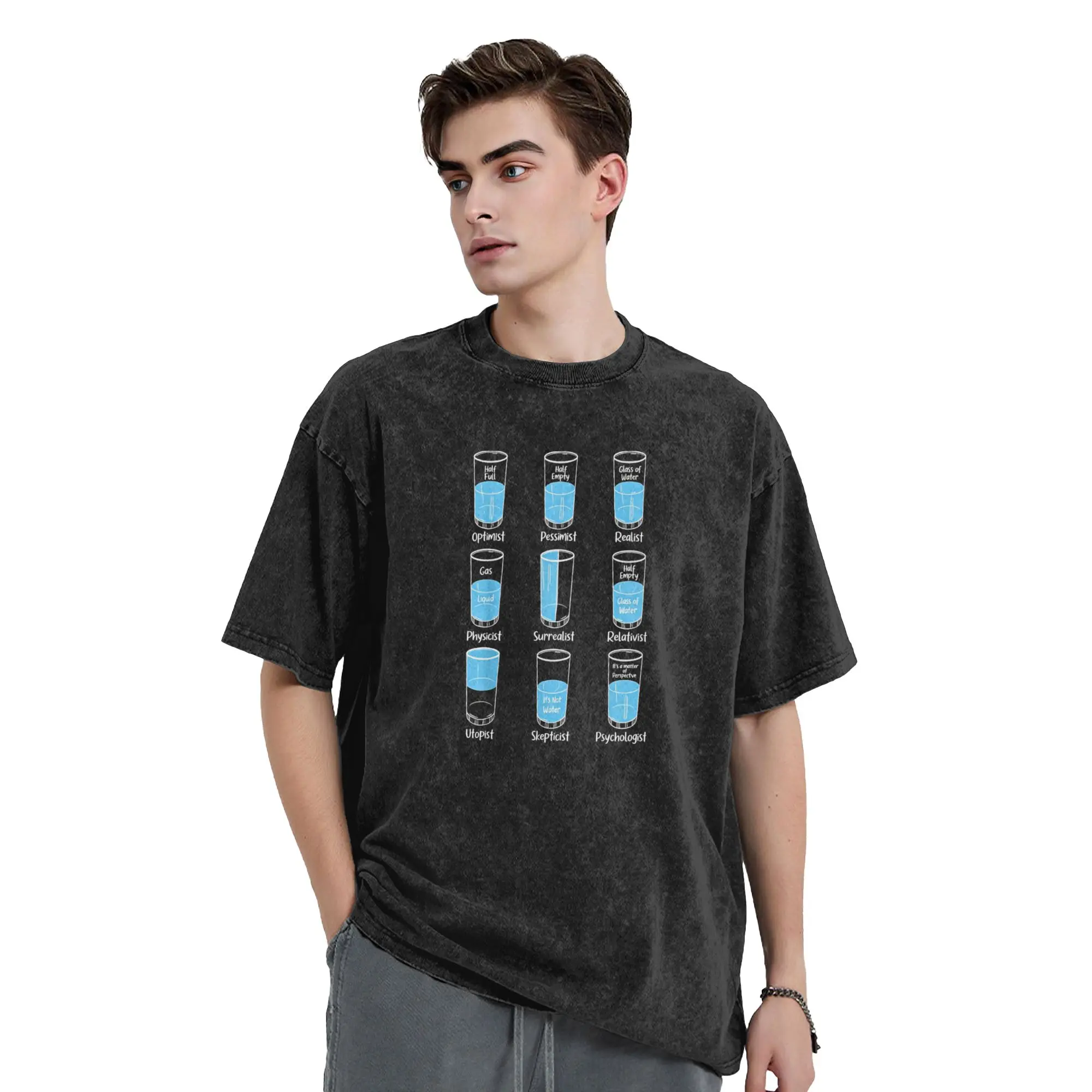 Half-Full Half-Empty Meme Psychology Men's T Shirts Washed  Casual Tee Shirt Short Sleeve Round Neck T-Shirt Classic Clothing