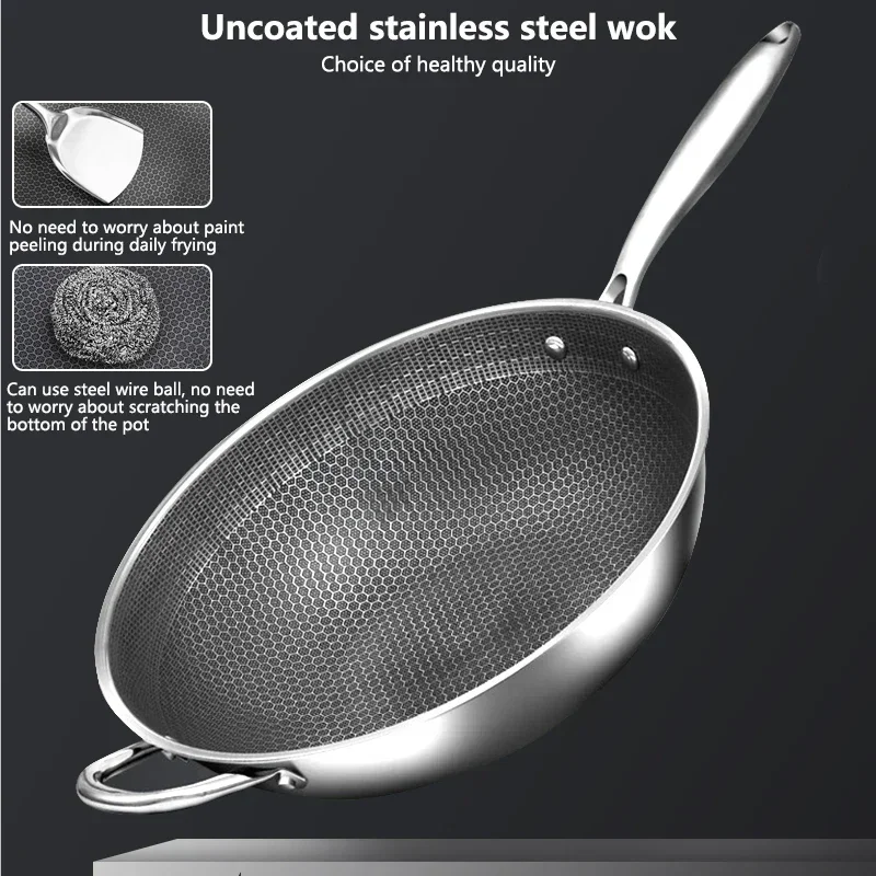 32cm Uncoated Pan,Stainless steel Wok ,Honeycomb design,Uniform heating,For Electric, Induction and Gas Stoves