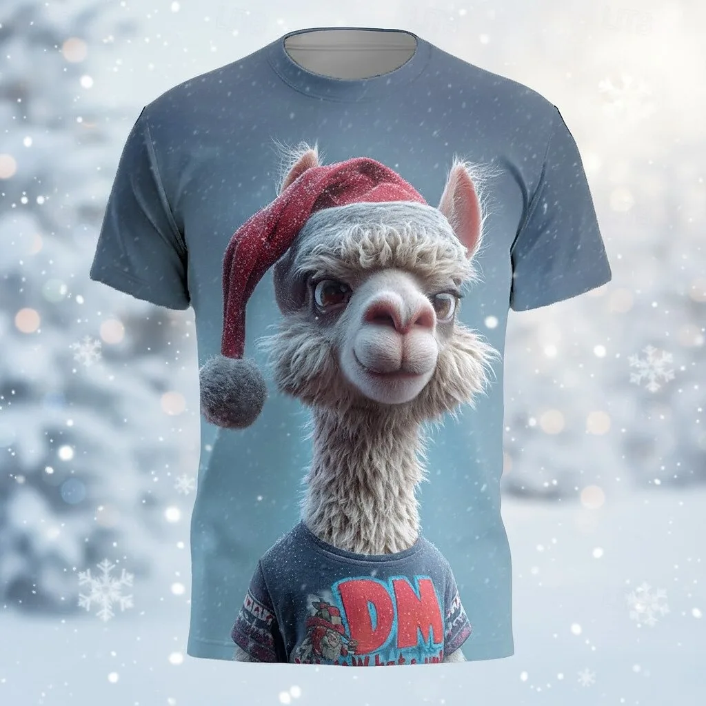 

Christmas men's 3D alpaca short sleeved T-shirts fashion casual Harajuku party round neck shirts men's women's holiday clothing