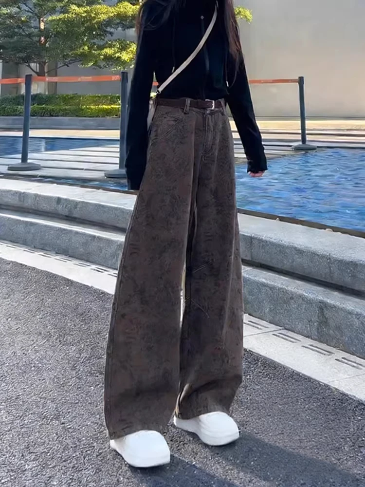 

Retro Coffee Color Embroidered Wide Leg Jeans Women's Spring New Design Sense Small ence Knife Floor Length Pants