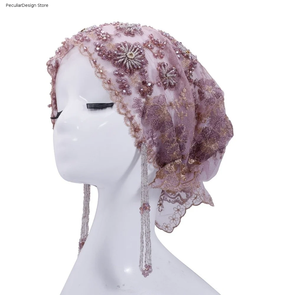 

Shiny Beads Turban Hat Flower Embroidery Long Tassel Fishtail Cap Sheer Mesh Lightweight Beaded Bonnet Ethnic Festival
