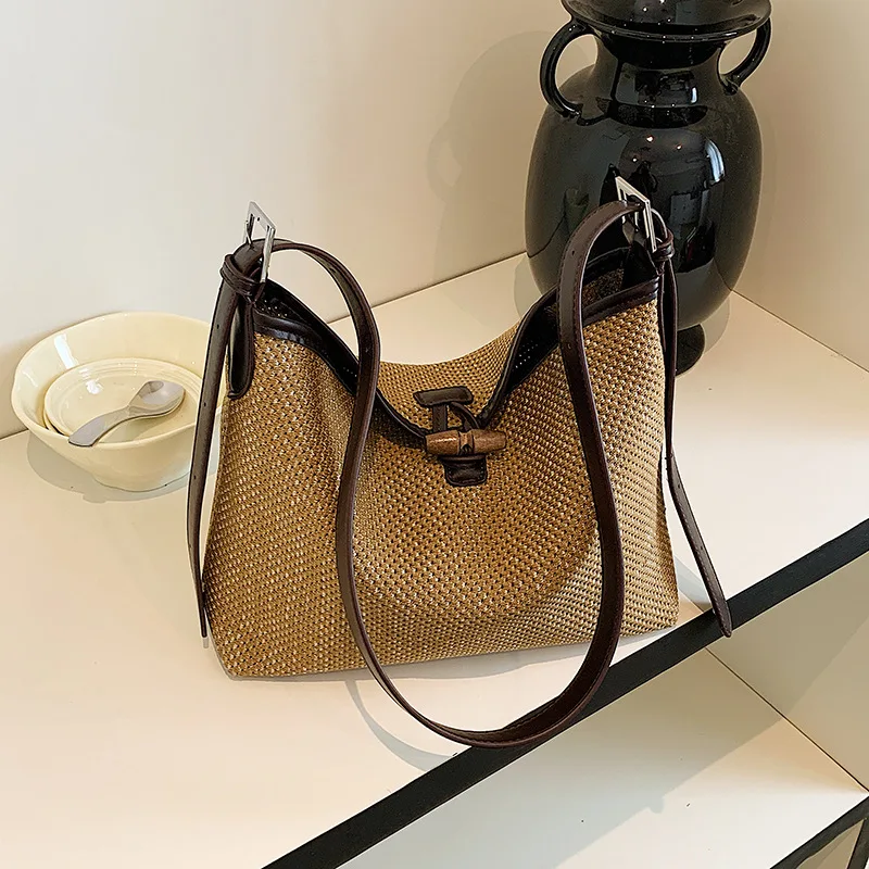 New Korean Style Lazy Weave Shoulder Bag Contrast Color Casual Large Capacity Crossbody Bag Simple Underarm Tote for Women