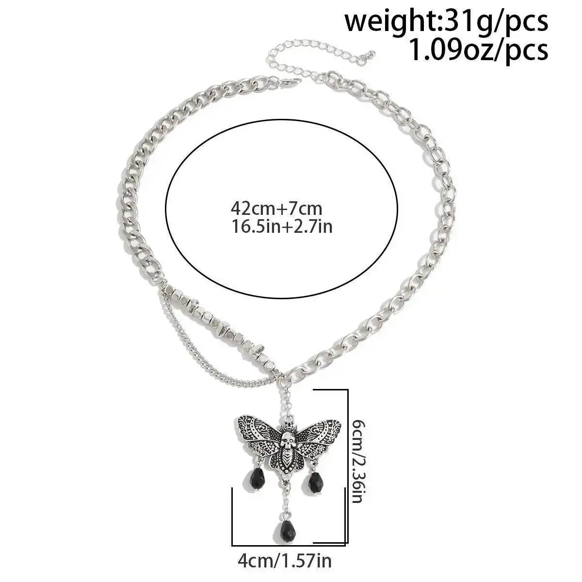 PuRui القوطية الأسود كريستال الجمجمة العثة فراشة شرابة قلادة قلادة الإبداعية الشرير الفضة اللون المعادن سلسلة الترقوة مجوهرات